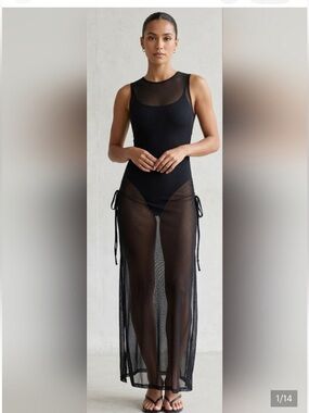 Shien maxi swim cover up black mesh adjustable ruched sides size Lg body con fit